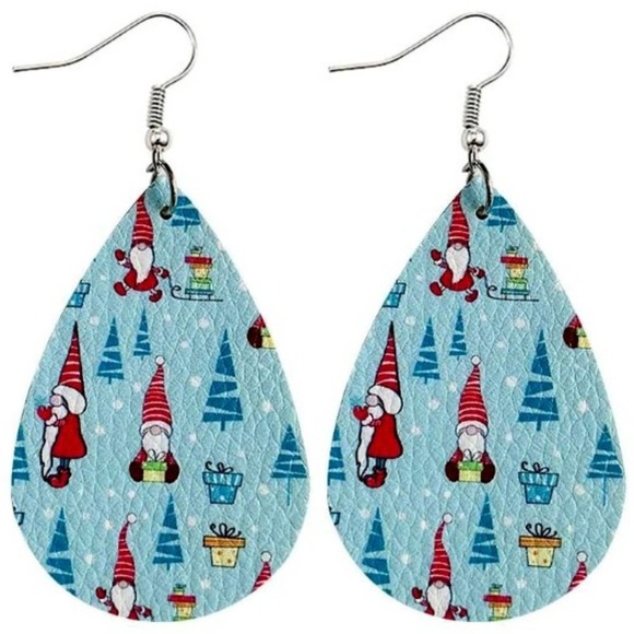 Adorable Christmas Gnomes Vegan Leather Teardrop Earrings - Picture 1 of 1